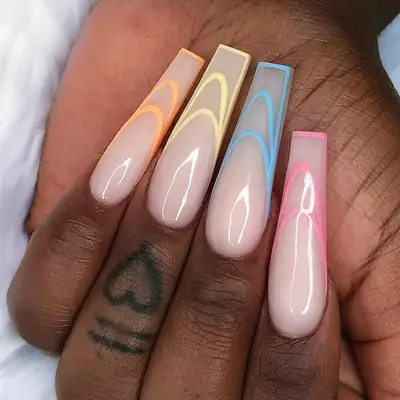 negative space manicure with nude base and each nail in different pastel shade of french negative space tip in shades of orange, yellow, blue, pink