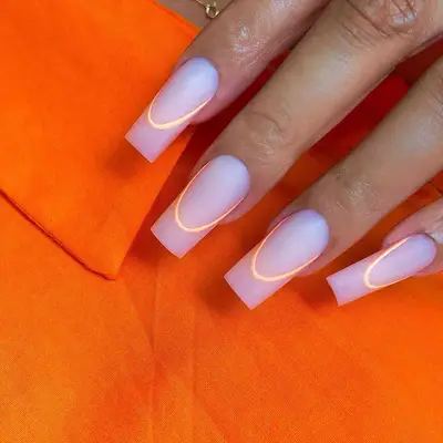 negative space manicure in cloudy purple color with yellow french lines