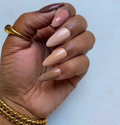 Close up of a two-tone gradient neutral manicure