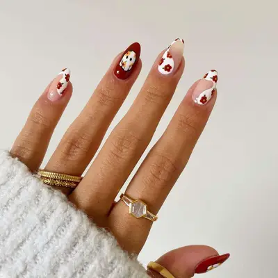 Burgundy Floral Ghost Nails - MYM Beauty Almond Nail Ideas For Fall