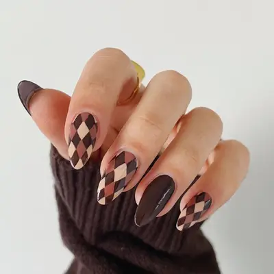 Chocolate Argyle Almond Nails - MYM Beauty Almond Nail Ideas For Fall