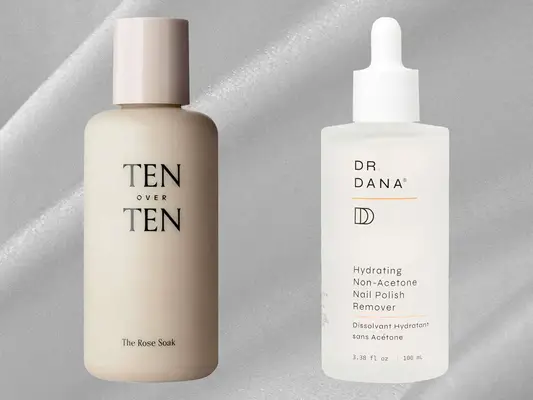 Tenoverten The Rose Soak and Dr. Dana Hydrating Non-Acetone Nail Polish Remover on a grey background