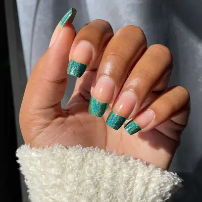 Holographic green French manicure 