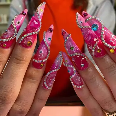 Blinged Out Bubblegum Pink Stiletto Nails