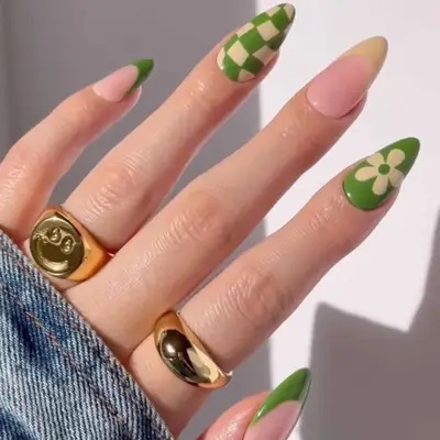 Green and cream mismatched manicure