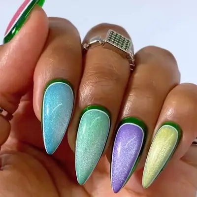 Pastel Skittle Velvet Nails with green and white outlines