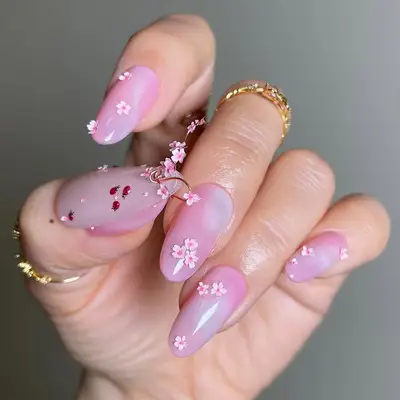 3D Sheer Watercolor Cherry Blossom Nails