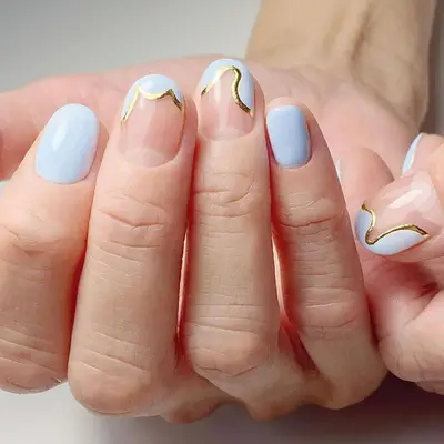 sky blue and gold gilded chrome nails