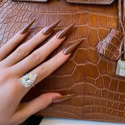 Brown stiletto-shaped nails.