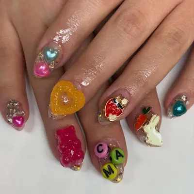 clear nails with colorful charms