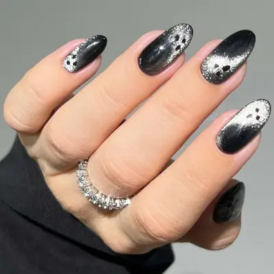 Ghosty Black Velvet Nails - MYM Beauty Black Glitter Nails 