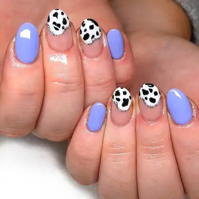 Periwinkle manicure with cow print accent nails