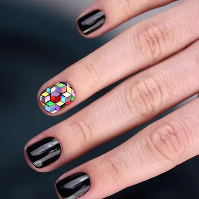 Black manicure with 3D rainbow square pattern accent nail