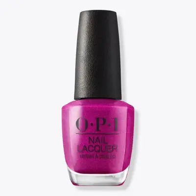 A bottle of OPI nail polish with a black cap and a magenta shade