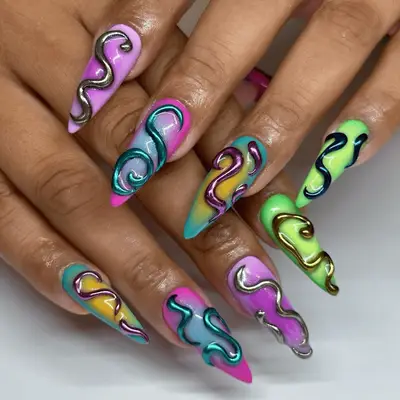 different color aura nails with 3D squiggle designs