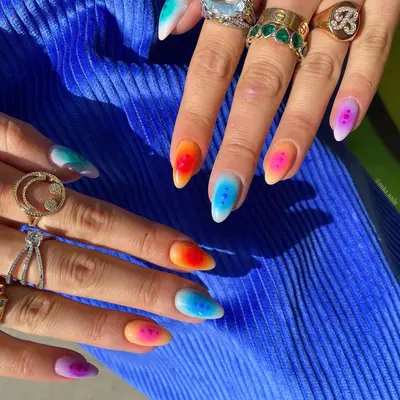 aura nails in multicolored gradient with minimal dot design