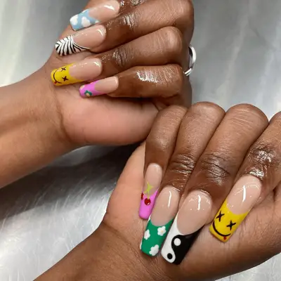 ecclectic mismatch long square nails in different color tips