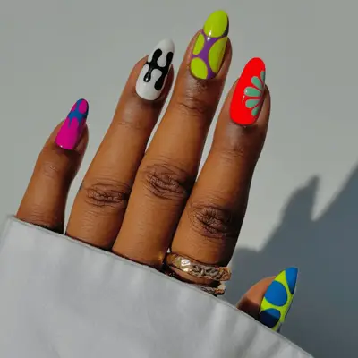 funky abstract nail art in neon colors