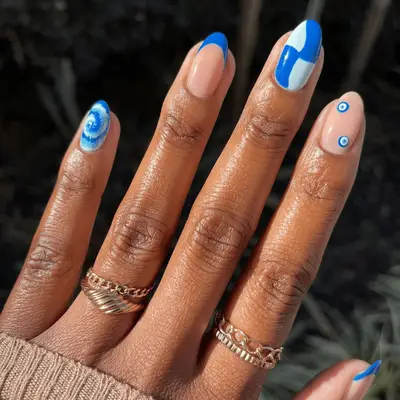 shades of blue mismatch pattern summer nails 
