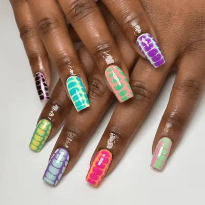crocodile print in multiple colors on square mid-length nails