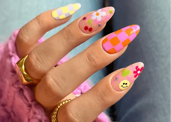 checkered flower and smiley face mismatch hippie nails