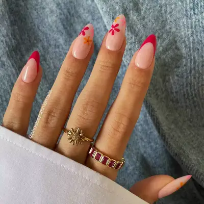 pink floral french tip nails