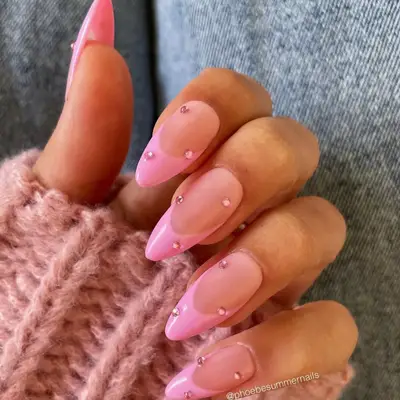 Pink French manicure with pink rhinestones