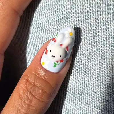 Long nails with spring nail art and bunny design