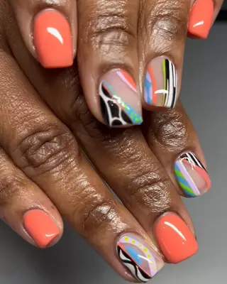 Peach nail art square manicure