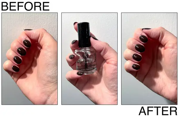 Manicured hand holding a bottle of Seche Vite top coat, nails shown before and after application.