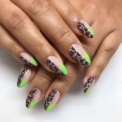 cheetah print nails with neon green french tip