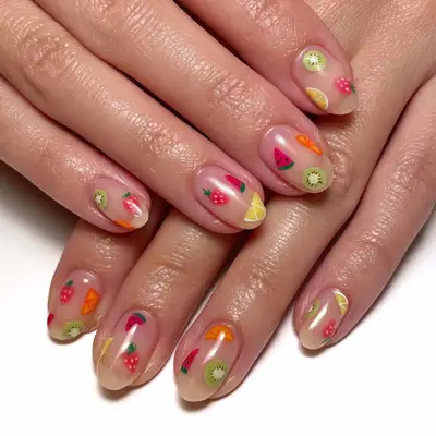 clear base polish nails with fruit painting decals
