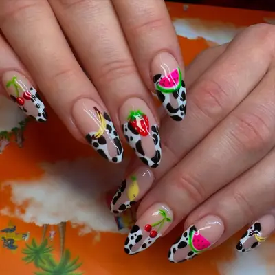 cowprint abstract French manicure with fruit designs