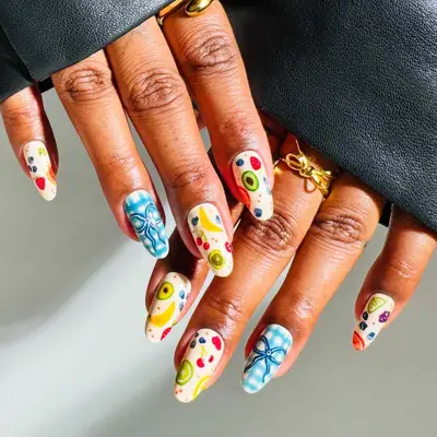 Medium length rounded fruit salad manicure