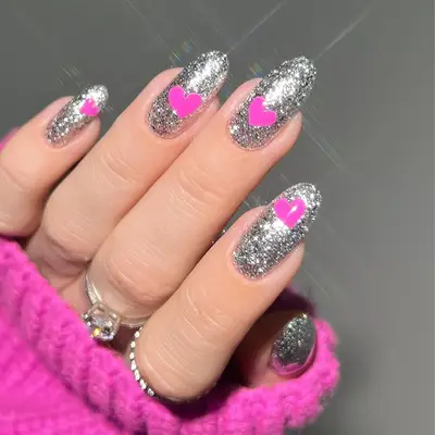 pink and silver heart nails