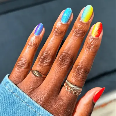 two-tone neon nails with brush strokes