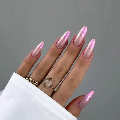 Pink holographic glitter ombré tips