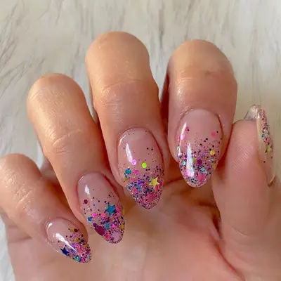 Rainbow confetti glitter ombre nails