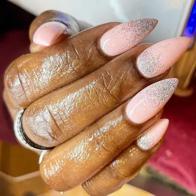 Pink and silver inverted glitter ombre nails