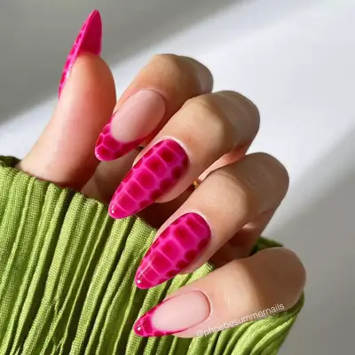 Long almond nails with hot pink and dark red crocodile designs