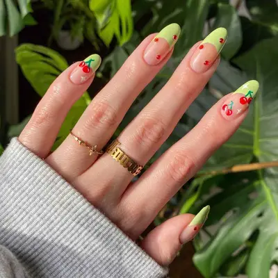Pistachio Green French Mani with cherries