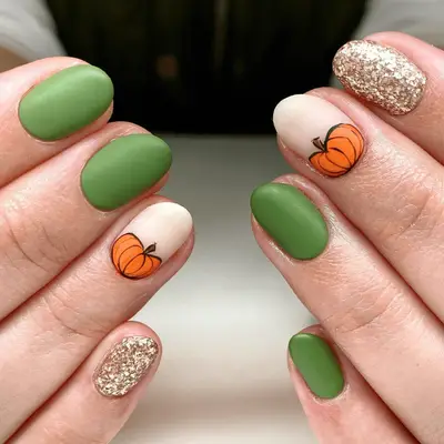 Close up of a mismatched manicure with glitter, green, and pumpkin accent nails.
