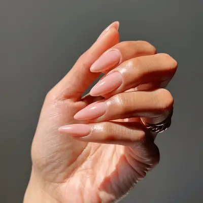 Long lipgloss nails with sheer pink polish