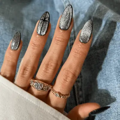 Black and silver velvet nails