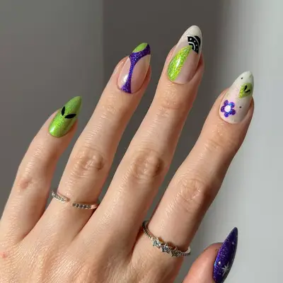 Purple and Green Alien Nails - MYM Beauty Halloween Nail Ideas