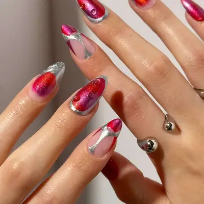 Red, Pink, and Silver Chrome Cyber Nails - MYM Beauty Cyber Nail Ideas