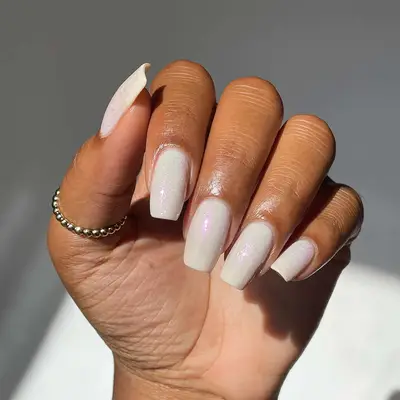 A square white chrome manicure 