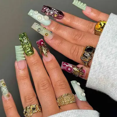 Pink and Green 3D Chrome Skittle Nails