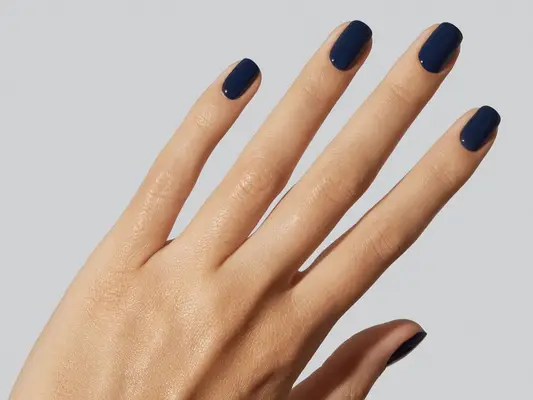 Caucasian hand with dark denim colored nail polish on