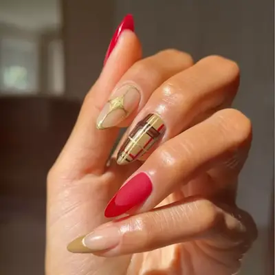 Gold plaid accent nail with red and gold manicure